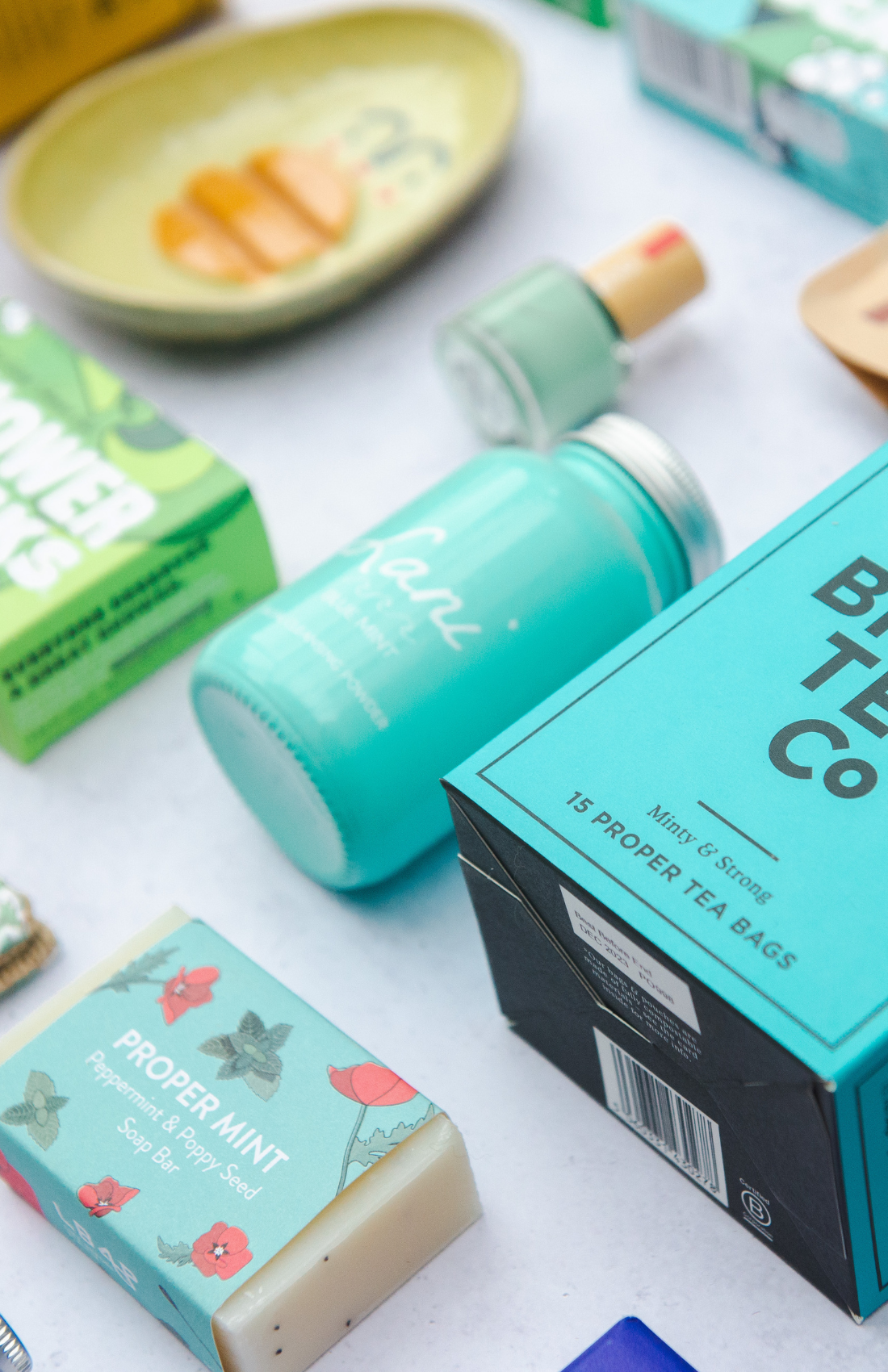 Selection of blue and green sustainable corporate gift options